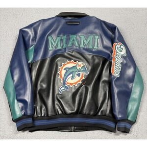 Vintage Miami Dolphins Jacket Mens Large Black NFL Football Faux Leather 90s